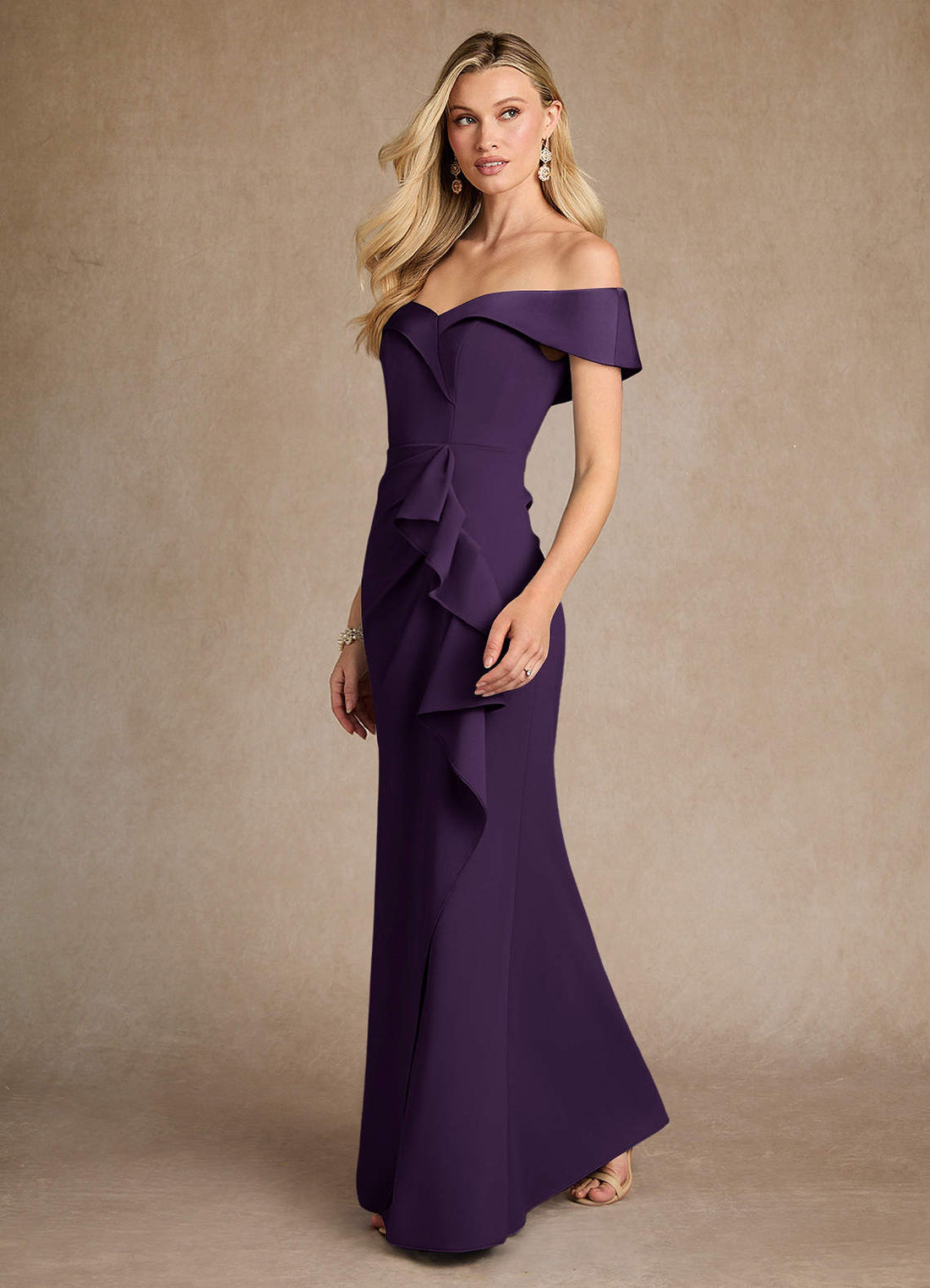 Laredo Mermaid Off-the-Shoulder Stretch Satin and Stretch Crepe Mother of the Bride Dress in Plum
