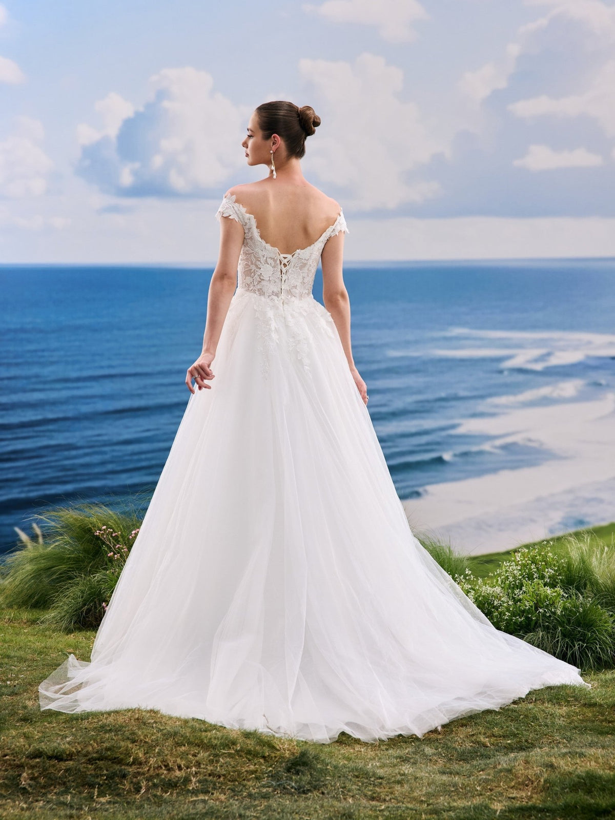 Lavina white A-Line wedding dress, back view