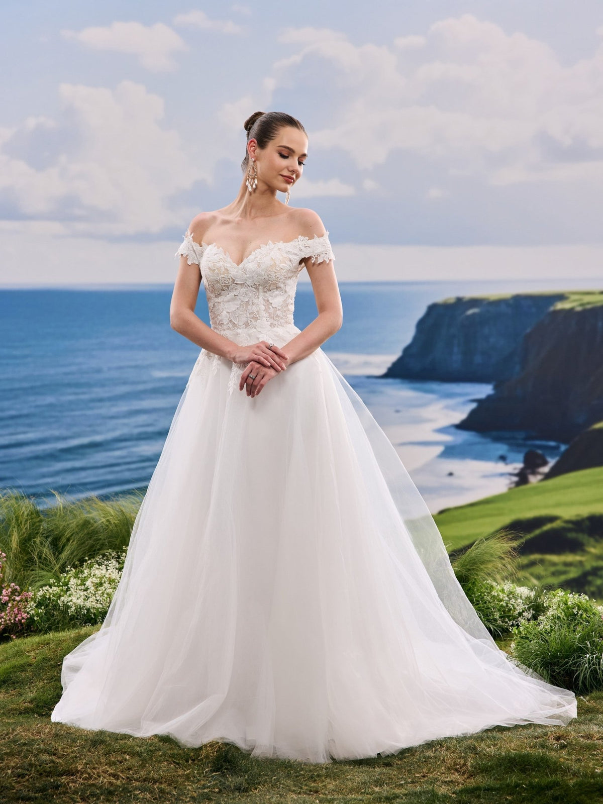 Lavina white A-Line wedding dress, detail and alternate angle
