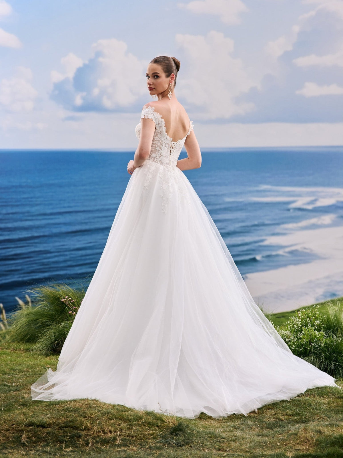 Lavina white A-Line wedding dress, back view
