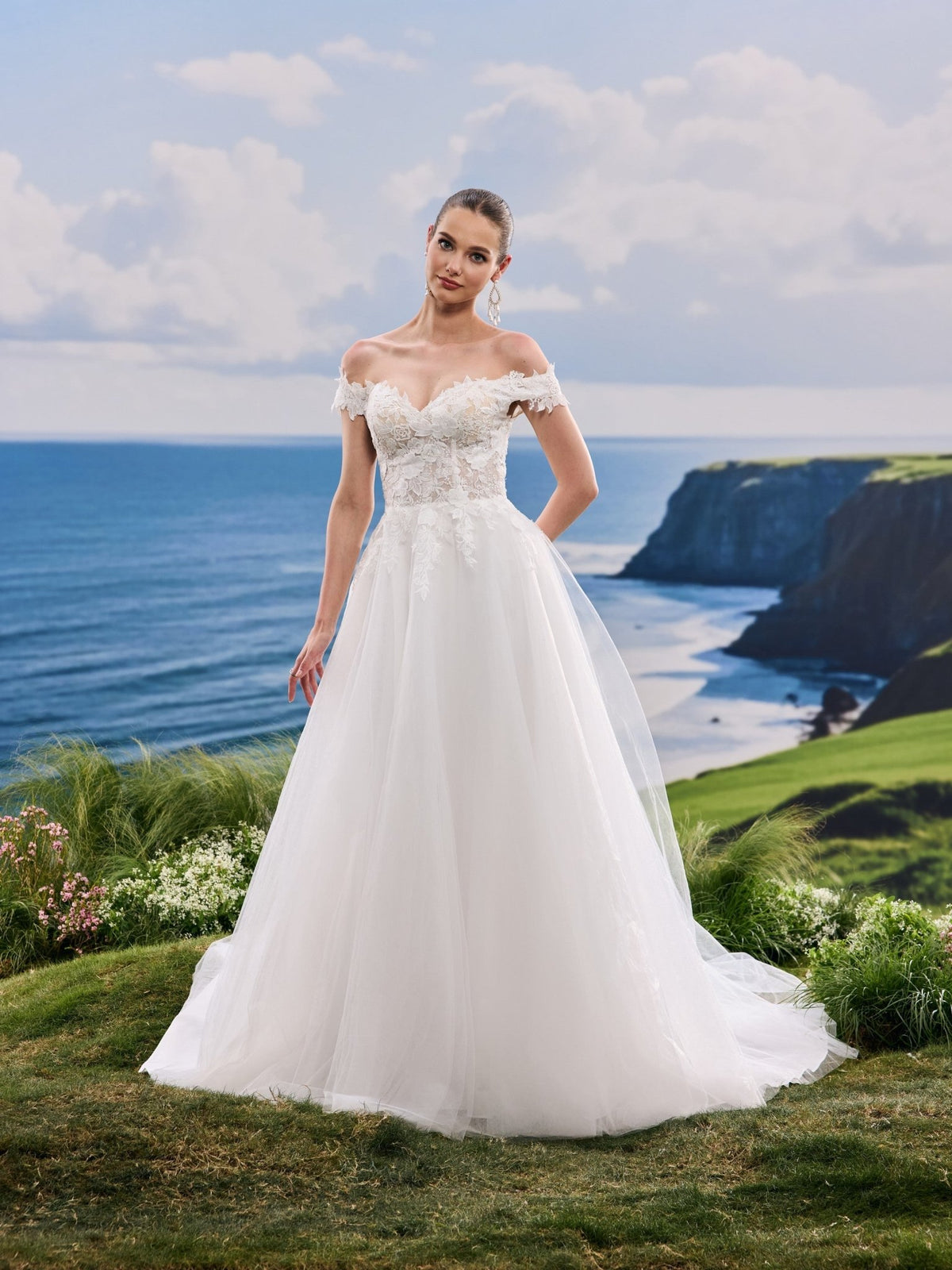Lavina white A-Line wedding dress, detail and alternate angle