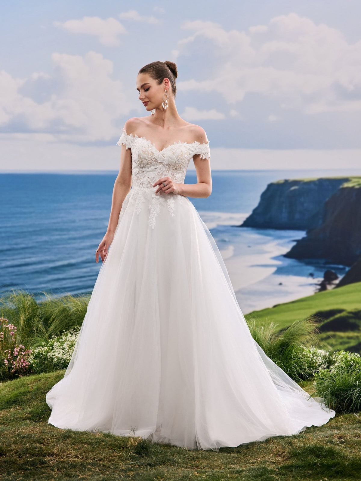 Lavina white A-Line wedding dress, detail and alternate angle