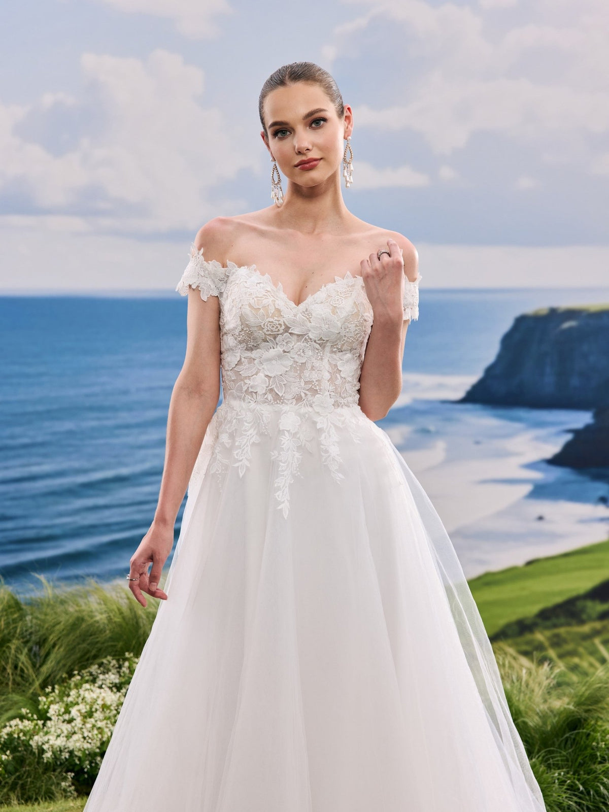 Lavina white A-Line wedding dress, detail and alternate angle