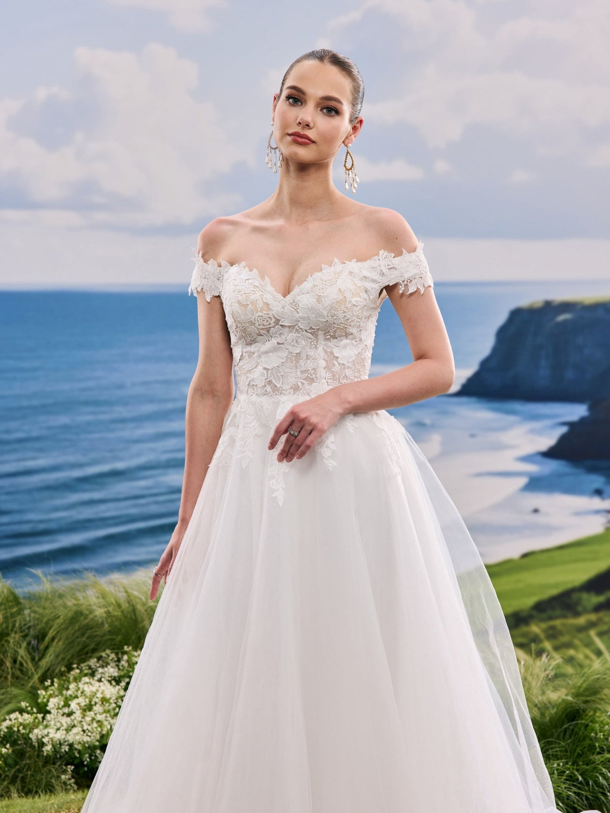 Lavina white A-Line wedding dress, detail and alternate angle