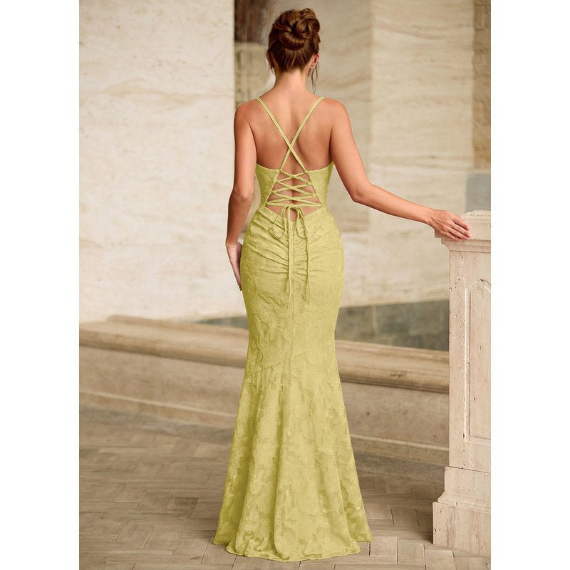 Leahenmo Mermaid Cowl-Neck Floral Burnout Prom Dress in Pastel Yellow