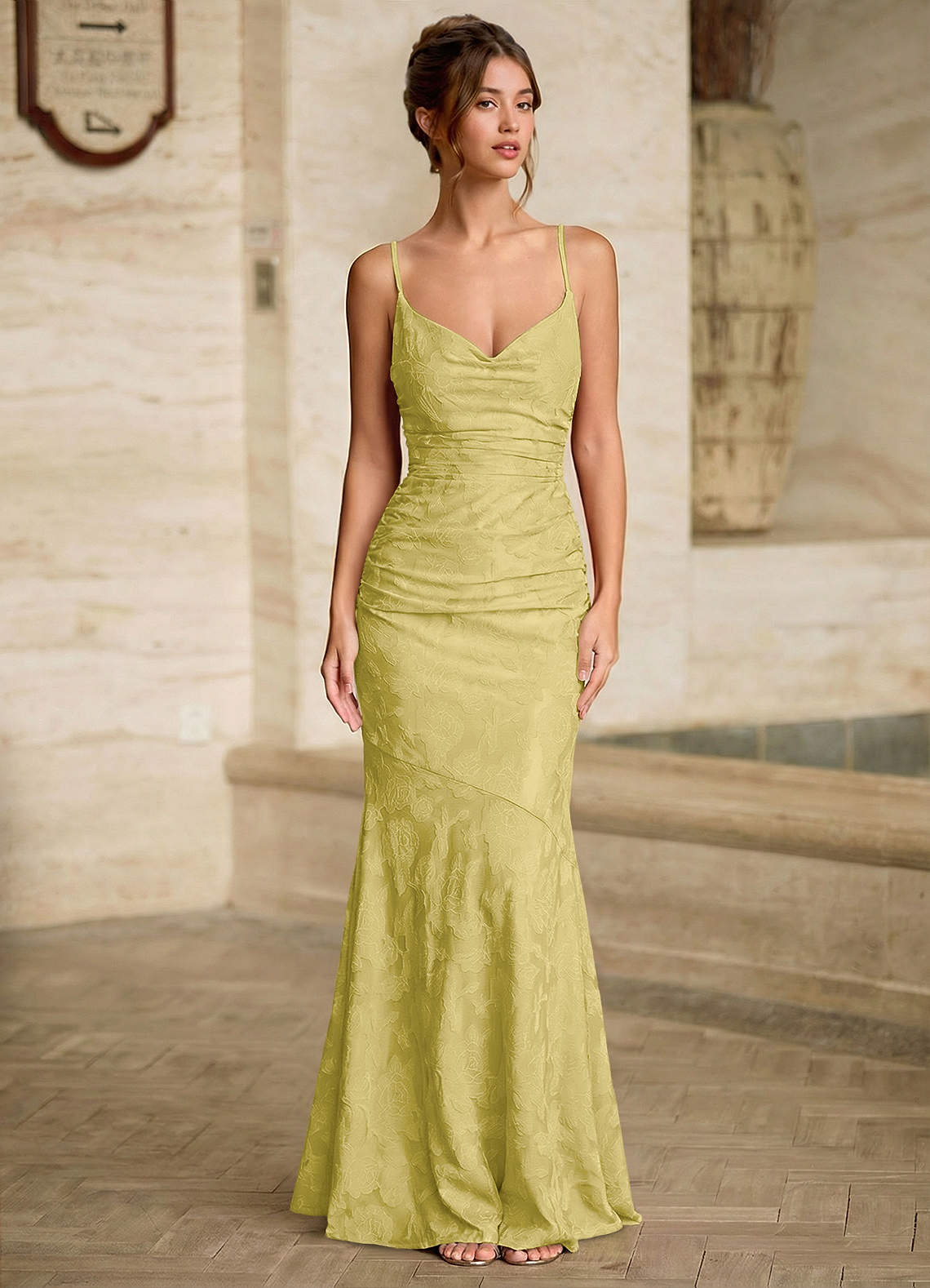 Leahenmo Mermaid Cowl-Neck Floral Burnout Prom Dress in Pastel Yellow