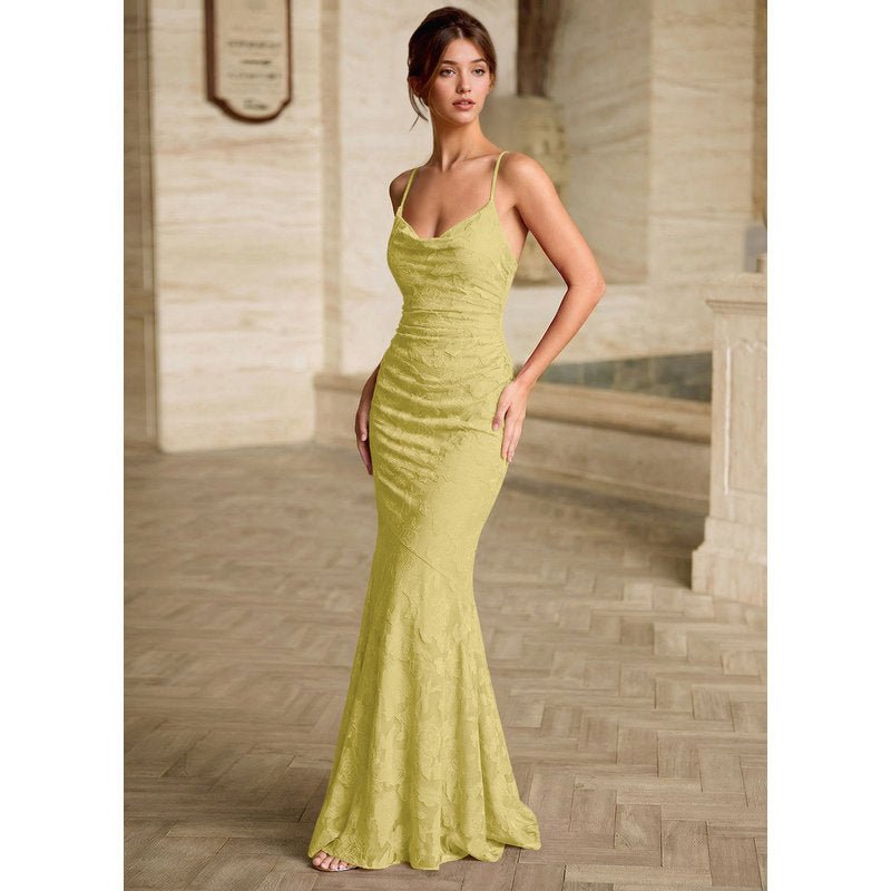 Leahenmo Mermaid Cowl-Neck Floral Burnout Prom Dress in Pastel Yellow - photo 4