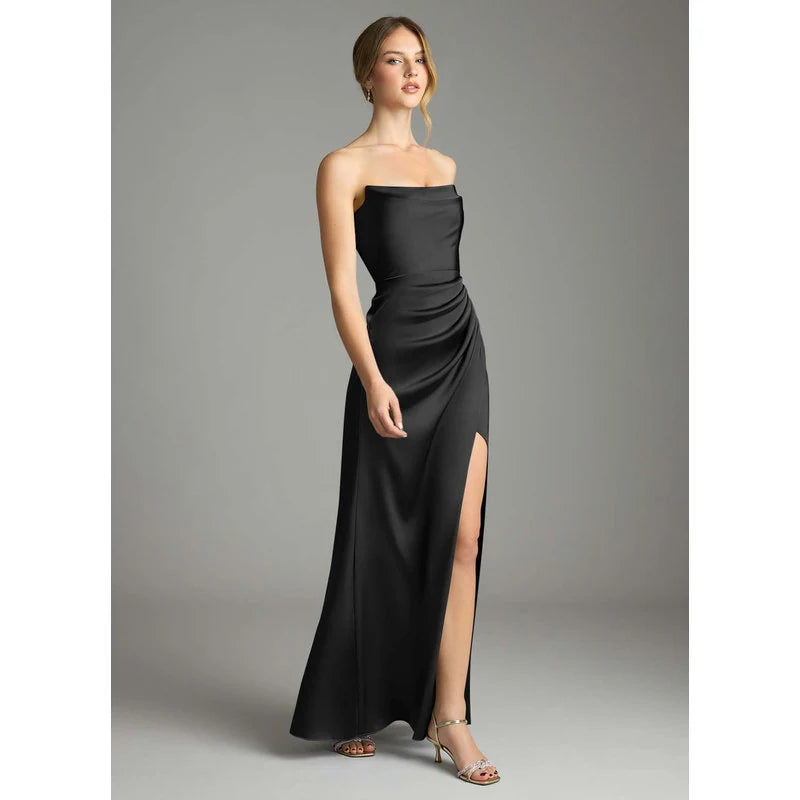 Leonis Mermaid Cowl-Neck Stretch Satin Bridesmaid Dress in black - additional view 3
