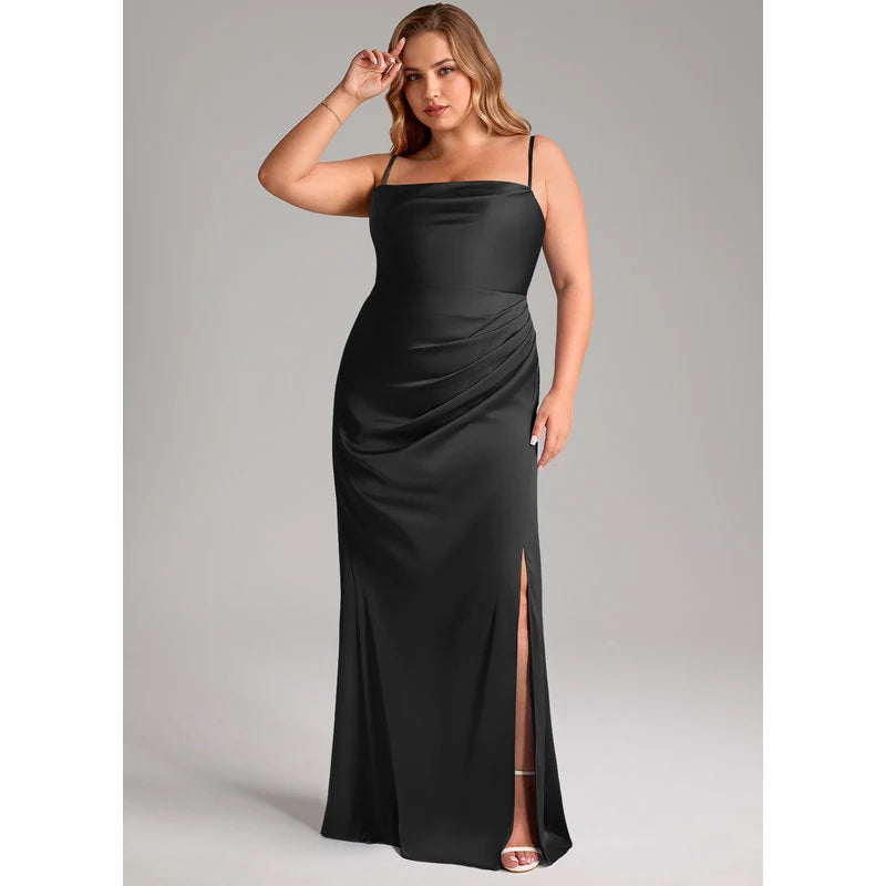 Leonis Mermaid Cowl-Neck Stretch Satin Bridesmaid Dress in black - additional view 7