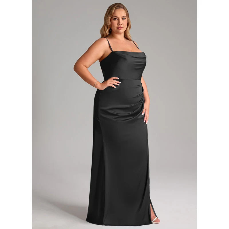 Leonis Mermaid Cowl-Neck Stretch Satin Bridesmaid Dress in black - additional view 9