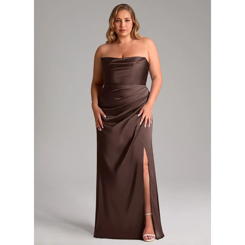 Leonis Mermaid Cowl-Neck Stretch Satin Bridesmaid Dress in Ganache - additional view 20