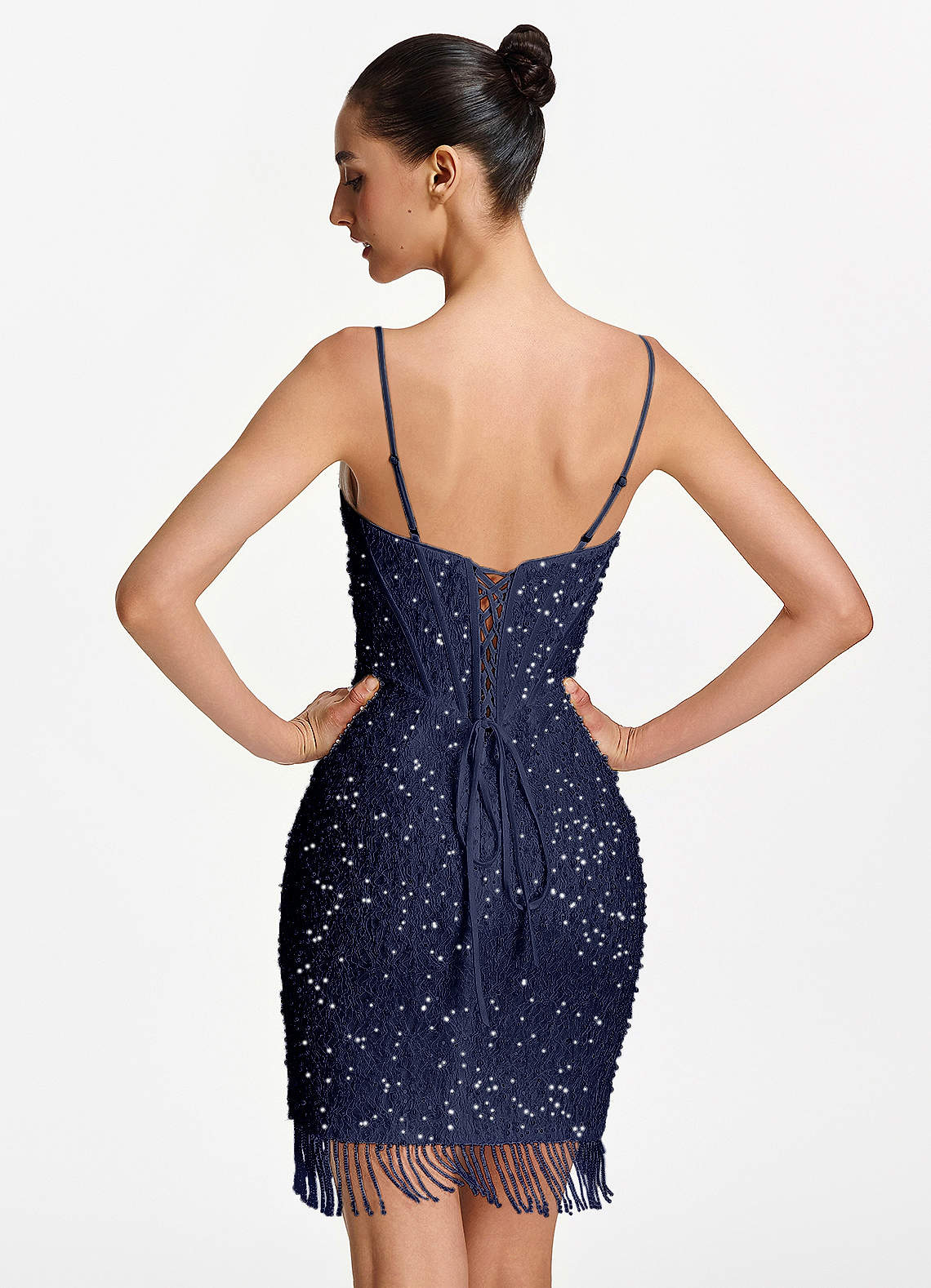 Liliana Bodycon Mini Beaded Fringe Stretch Mesh Prom Dress in Dark Navy