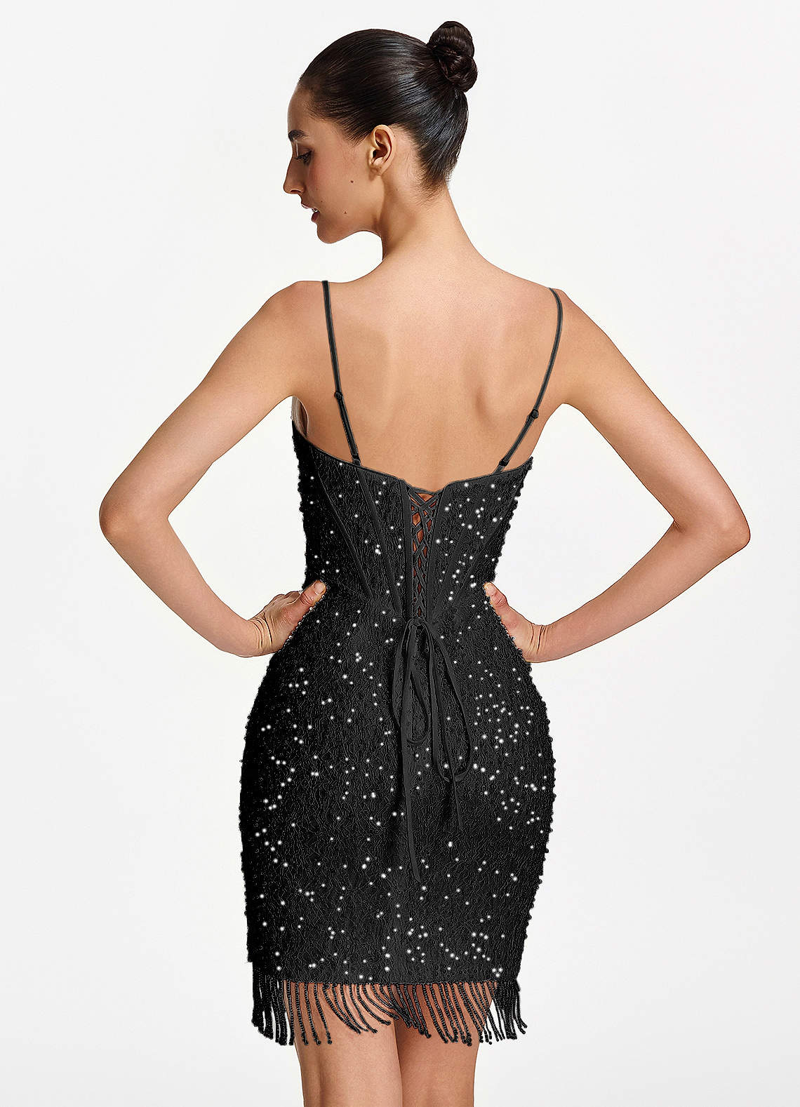 Liliana Bodycon Mini Beaded Fringe Stretch Mesh Prom Dress in Black
