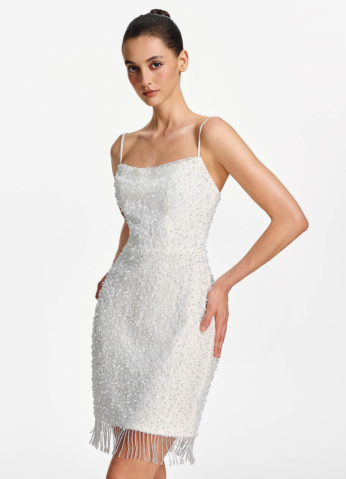 Liliana Bodycon Mini Beaded Fringe Stretch Mesh Prom Dress in white