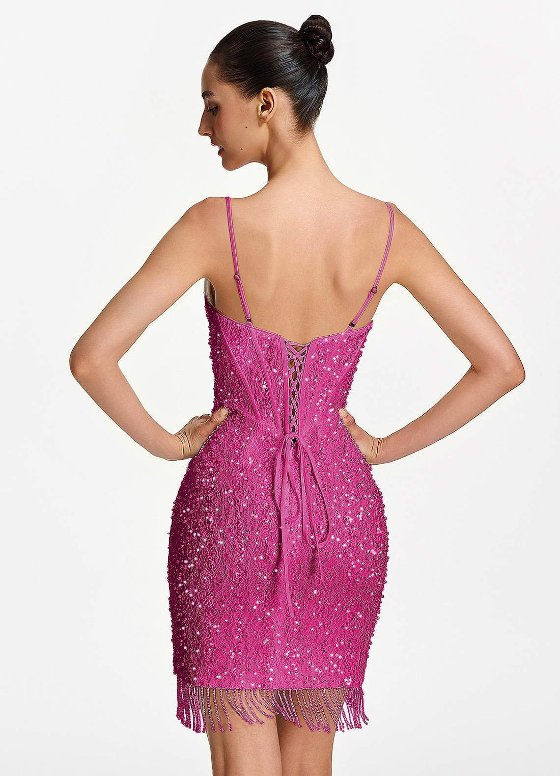 Liliana Bodycon Mini Beaded Fringe Stretch Mesh Prom Dress in Fuchsia