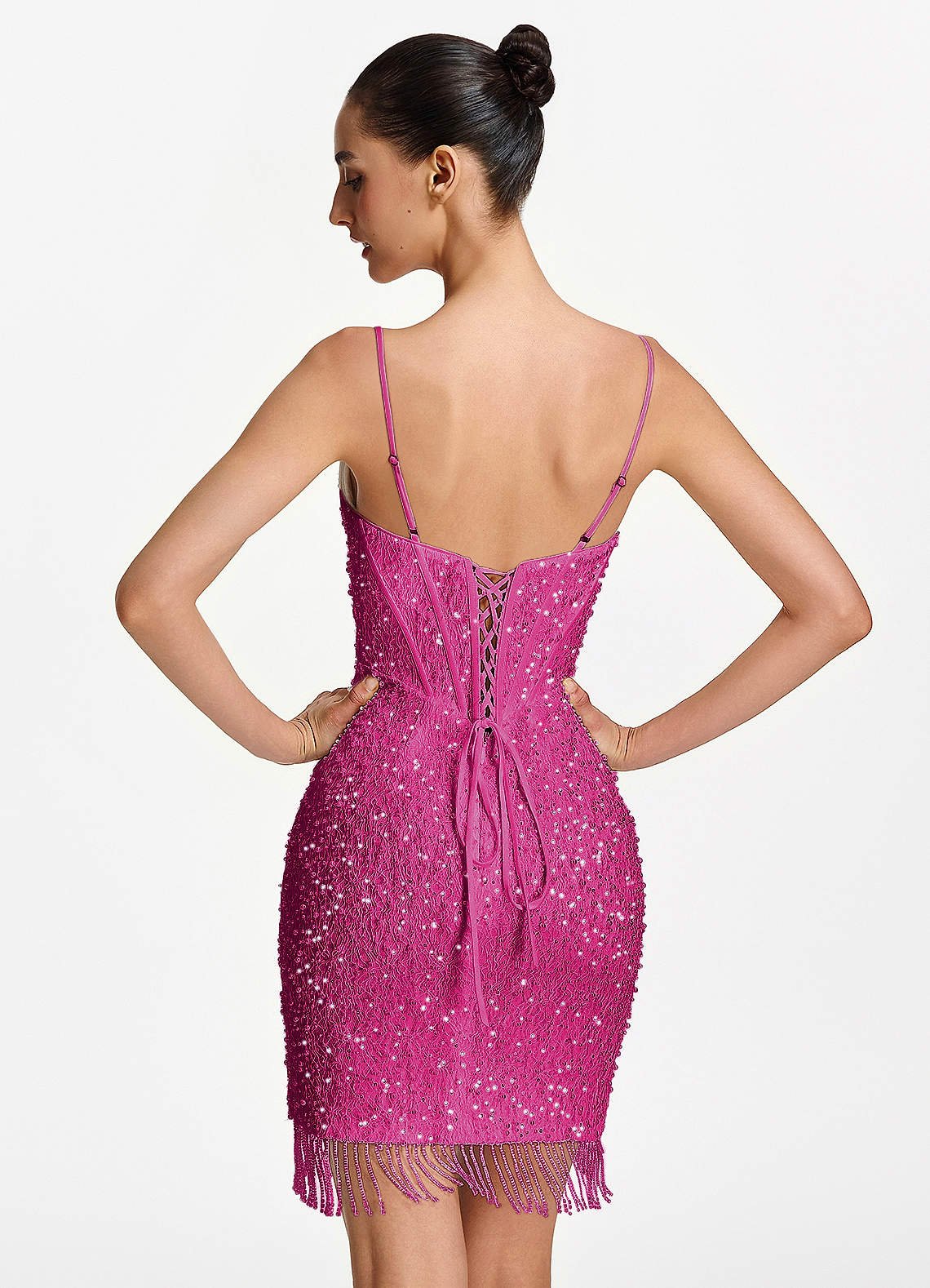 Liliana Bodycon Mini Beaded Fringe Stretch Mesh Prom Dress in Fuchsia