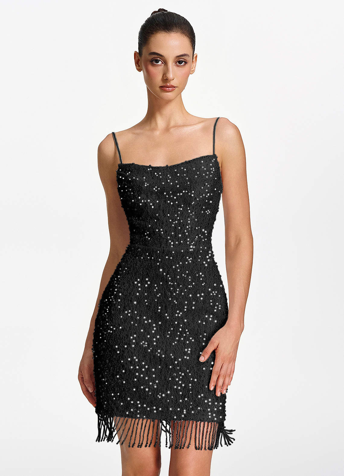 Liliana Bodycon Mini Beaded Fringe Stretch Mesh Prom Dress in Black