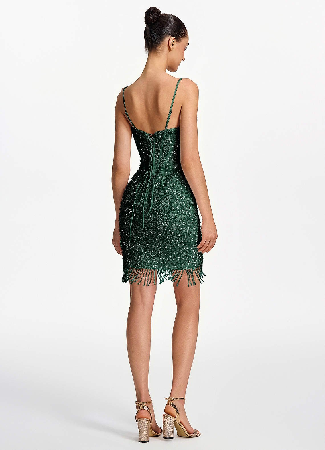 Liliana Bodycon Mini Beaded Fringe Stretch Mesh Prom Dress in Dark Green