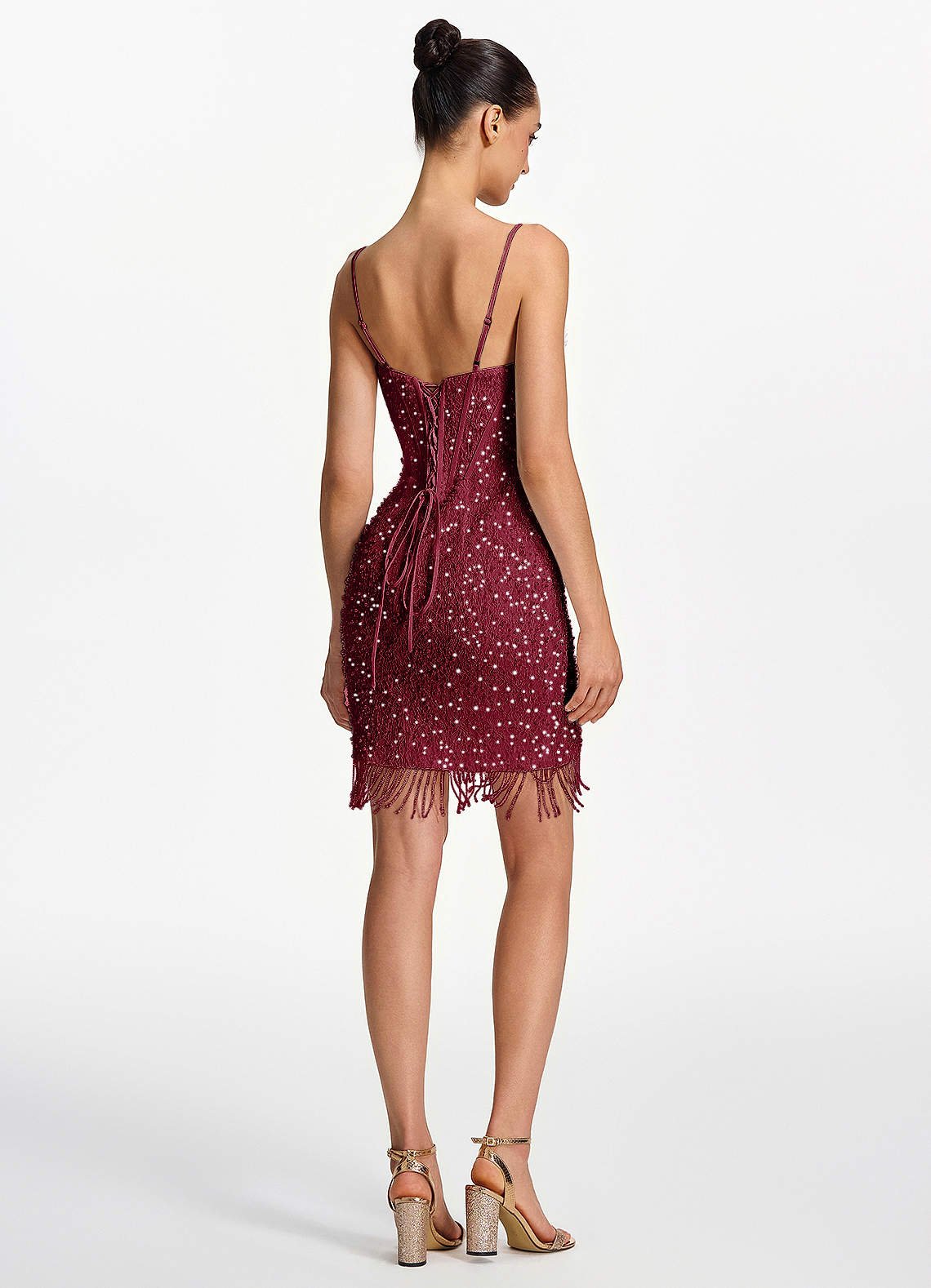 Liliana Bodycon Mini Beaded Fringe Stretch Mesh Prom Dress in Burgundy