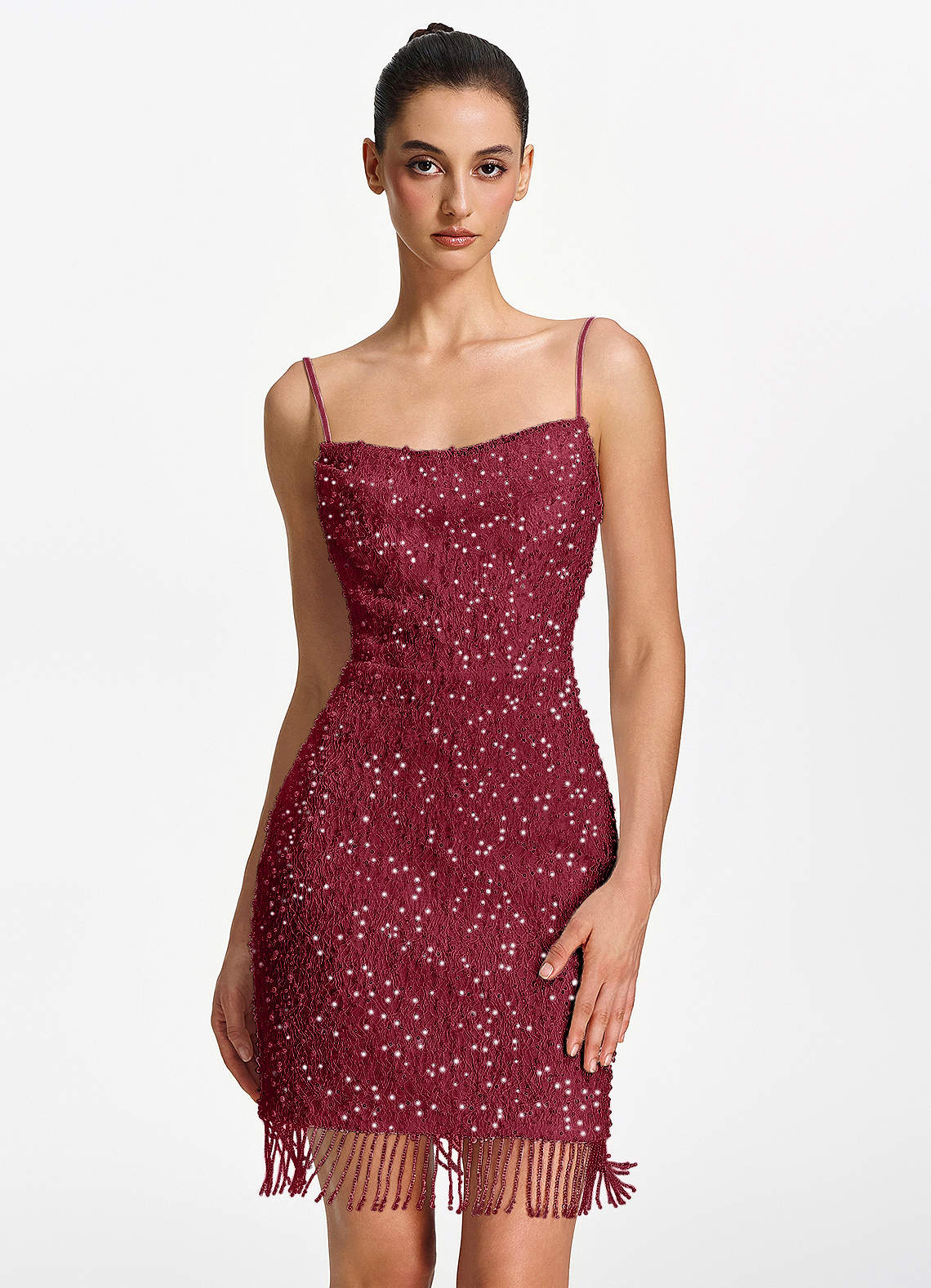 Liliana Bodycon Mini Beaded Fringe Stretch Mesh Prom Dress in Burgundy