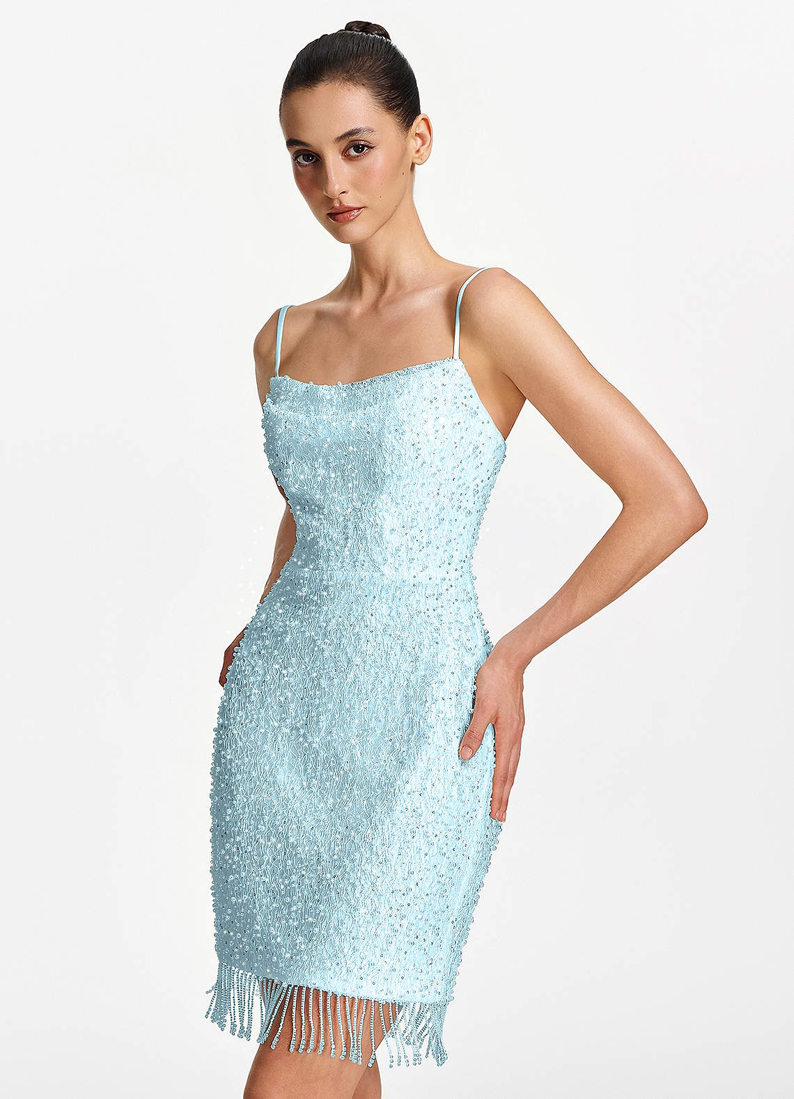 Liliana Bodycon Mini Beaded Fringe Stretch Mesh Prom Dress in Sky Blue