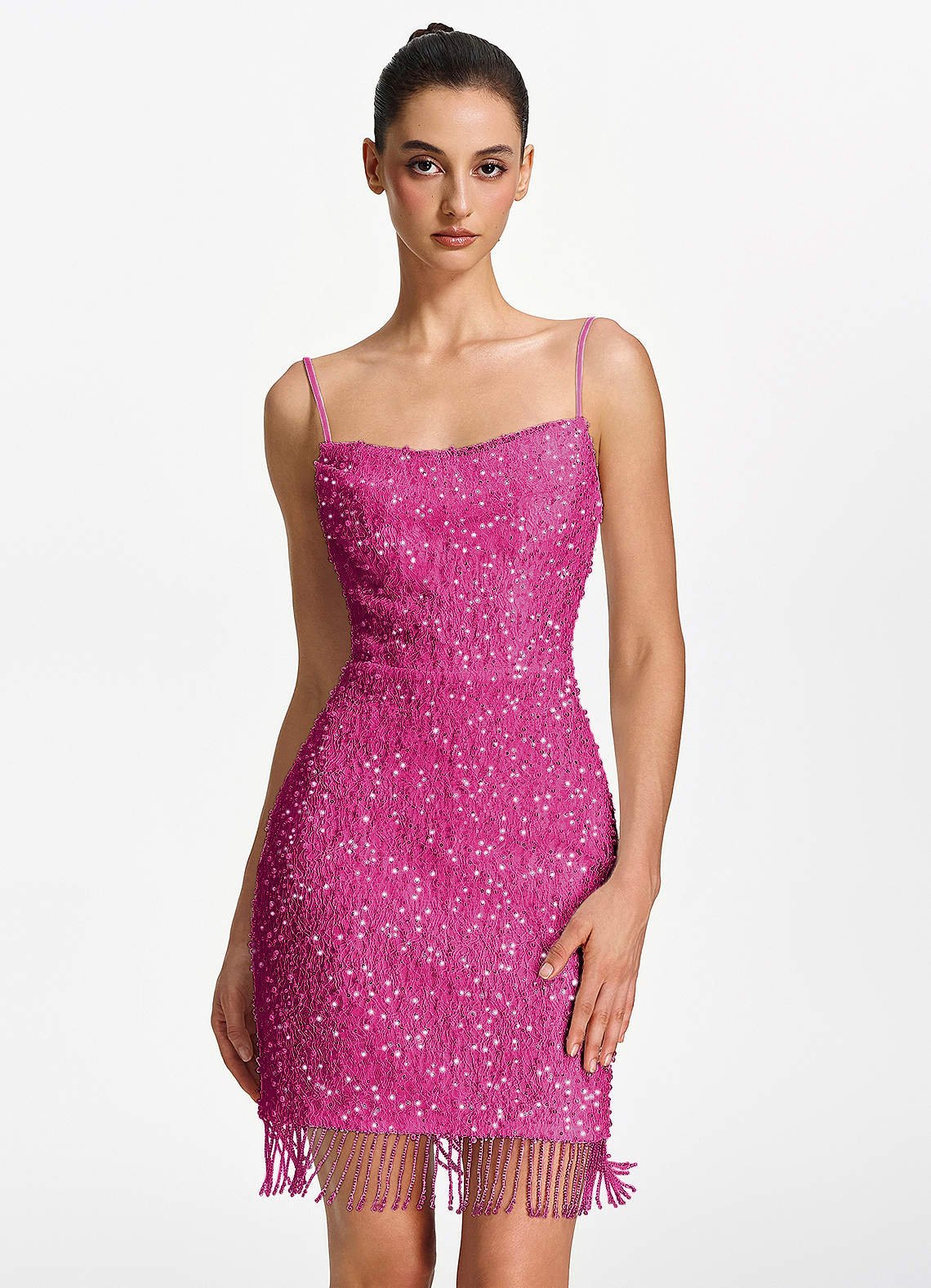 Liliana Bodycon Mini Beaded Fringe Stretch Mesh Prom Dress in Fuchsia
