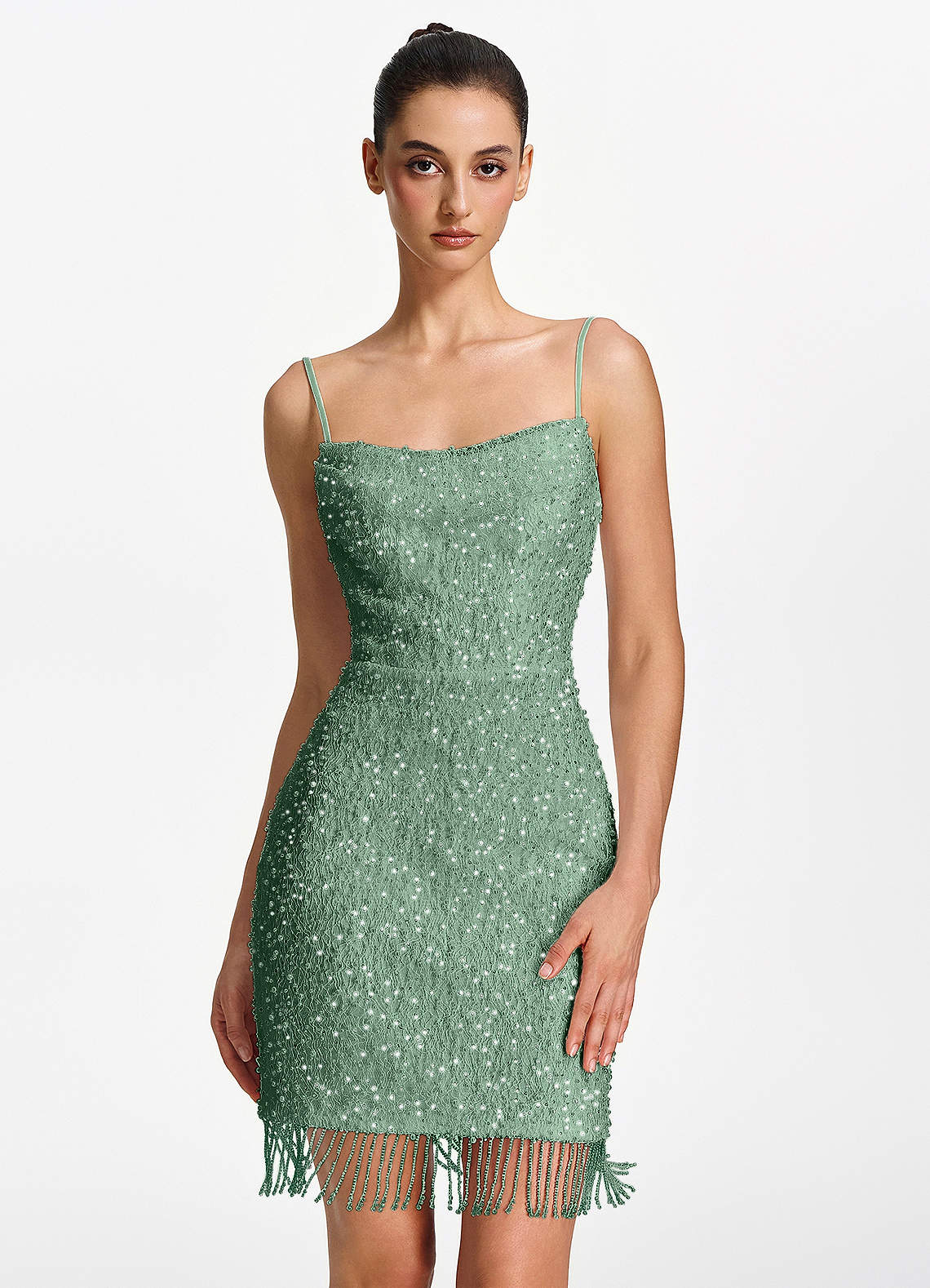 Liliana Bodycon Mini Beaded Fringe Stretch Mesh Prom Dress in Dusty Green