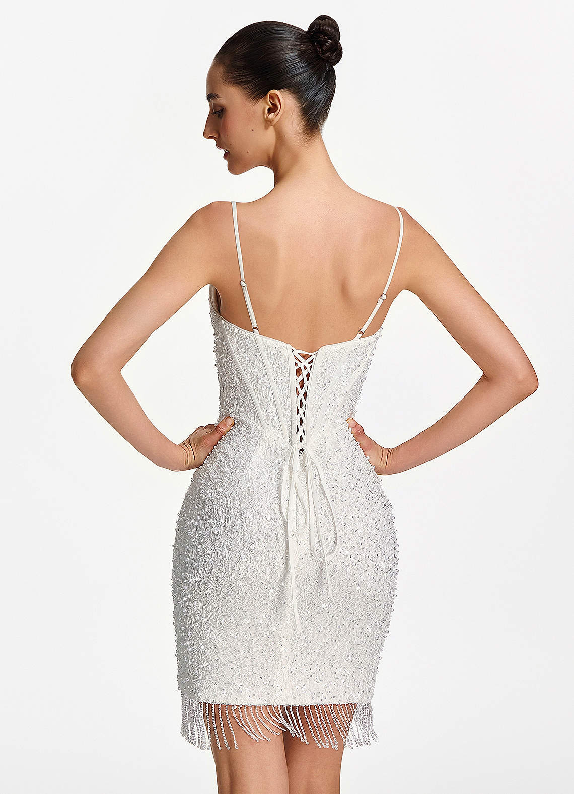 Liliana Bodycon Mini Beaded Fringe Stretch Mesh Prom Dress in white