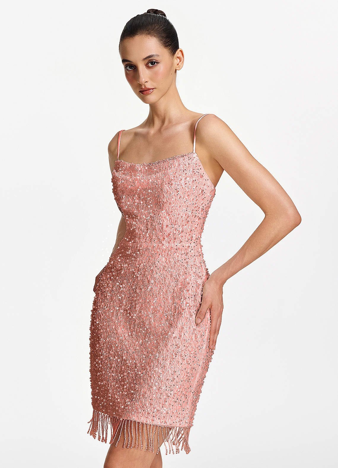 Liliana Bodycon Mini Beaded Fringe Stretch Mesh Prom Dress in Pink