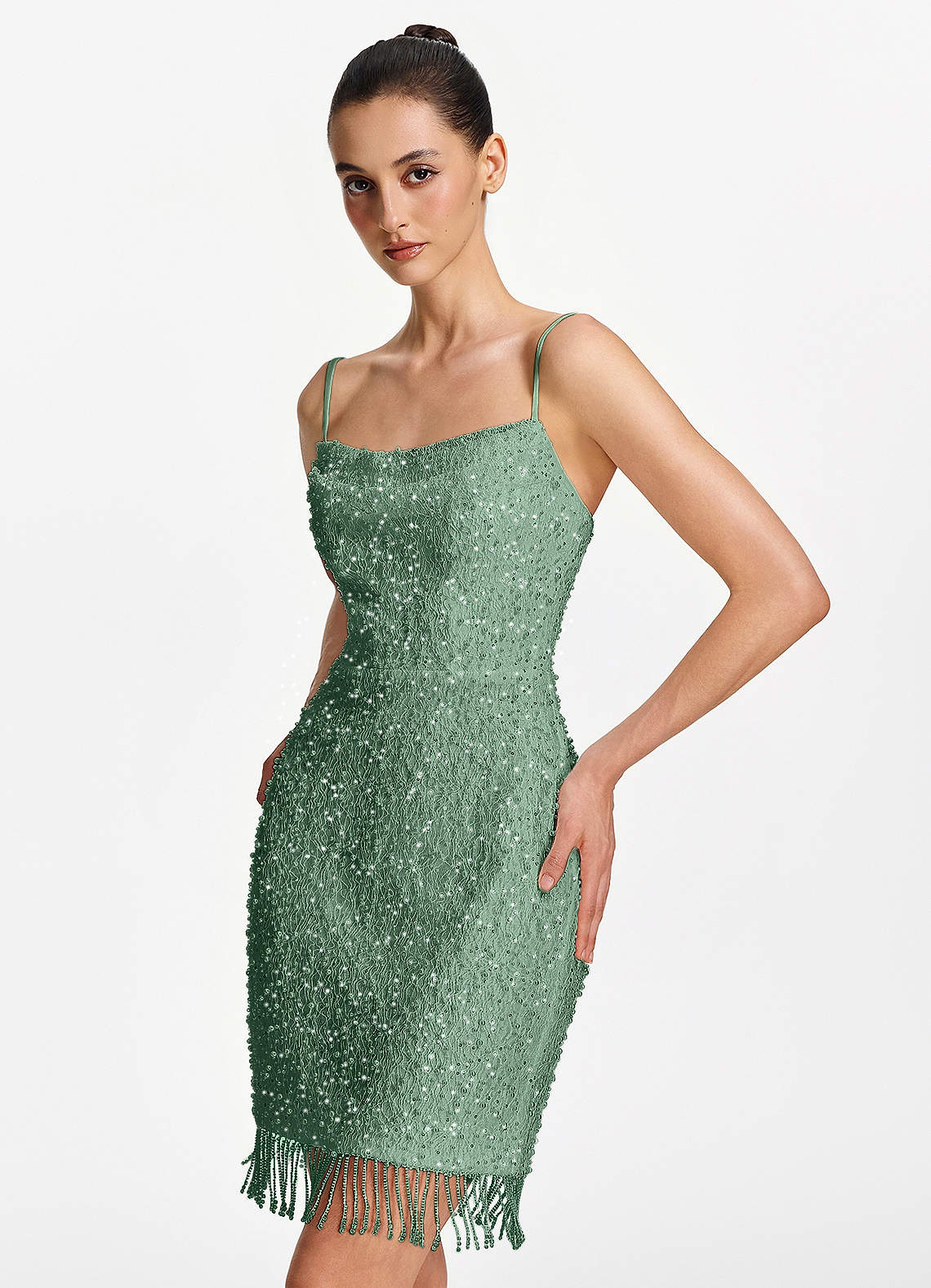 Liliana Bodycon Mini Beaded Fringe Stretch Mesh Prom Dress in Dusty Green