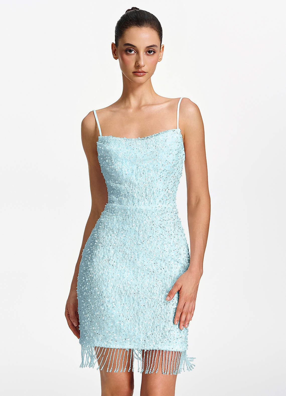 Liliana Bodycon Mini Beaded Fringe Stretch Mesh Prom Dress in Sky Blue