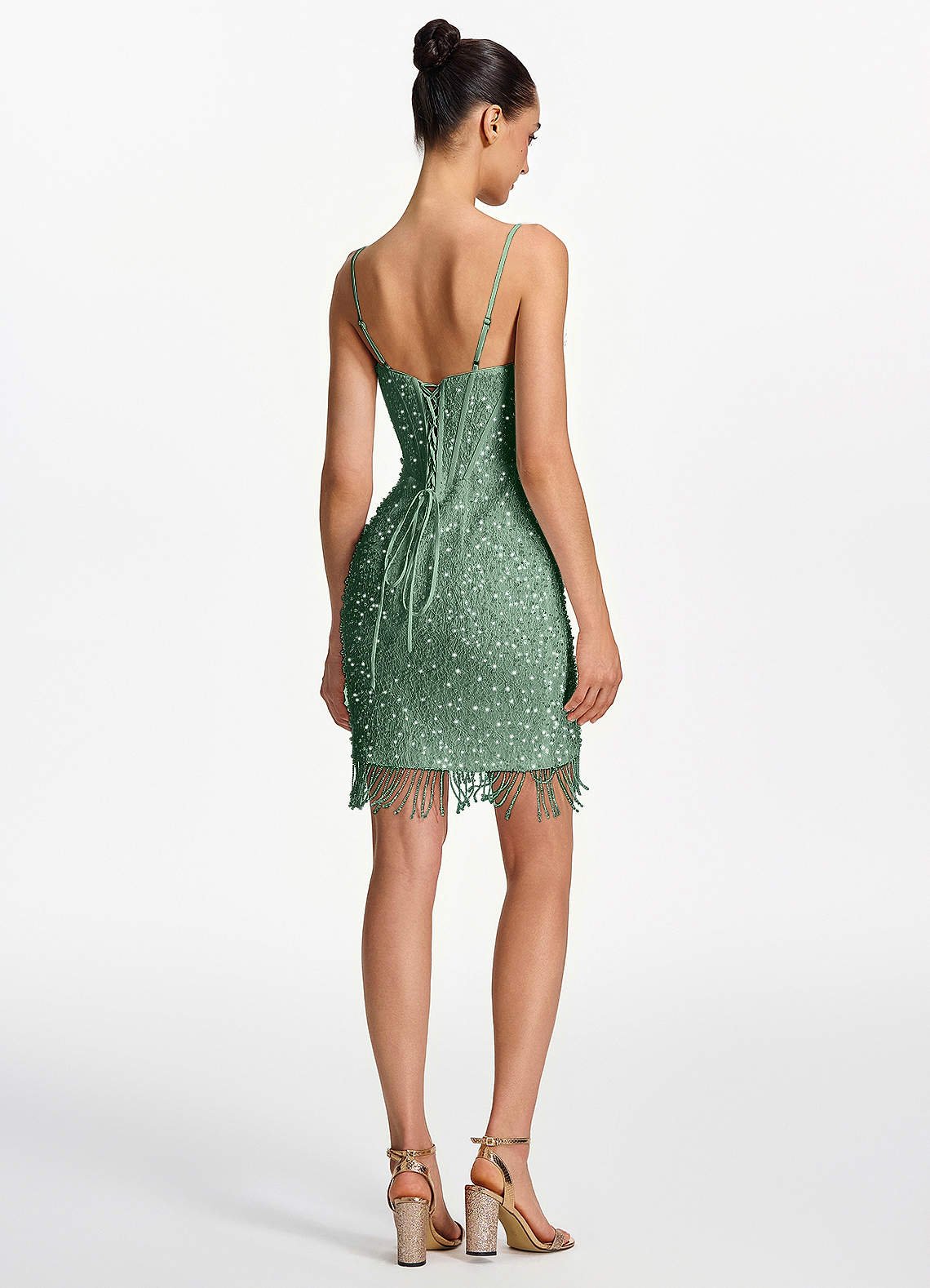 Liliana Bodycon Mini Beaded Fringe Stretch Mesh Prom Dress in Dusty Green