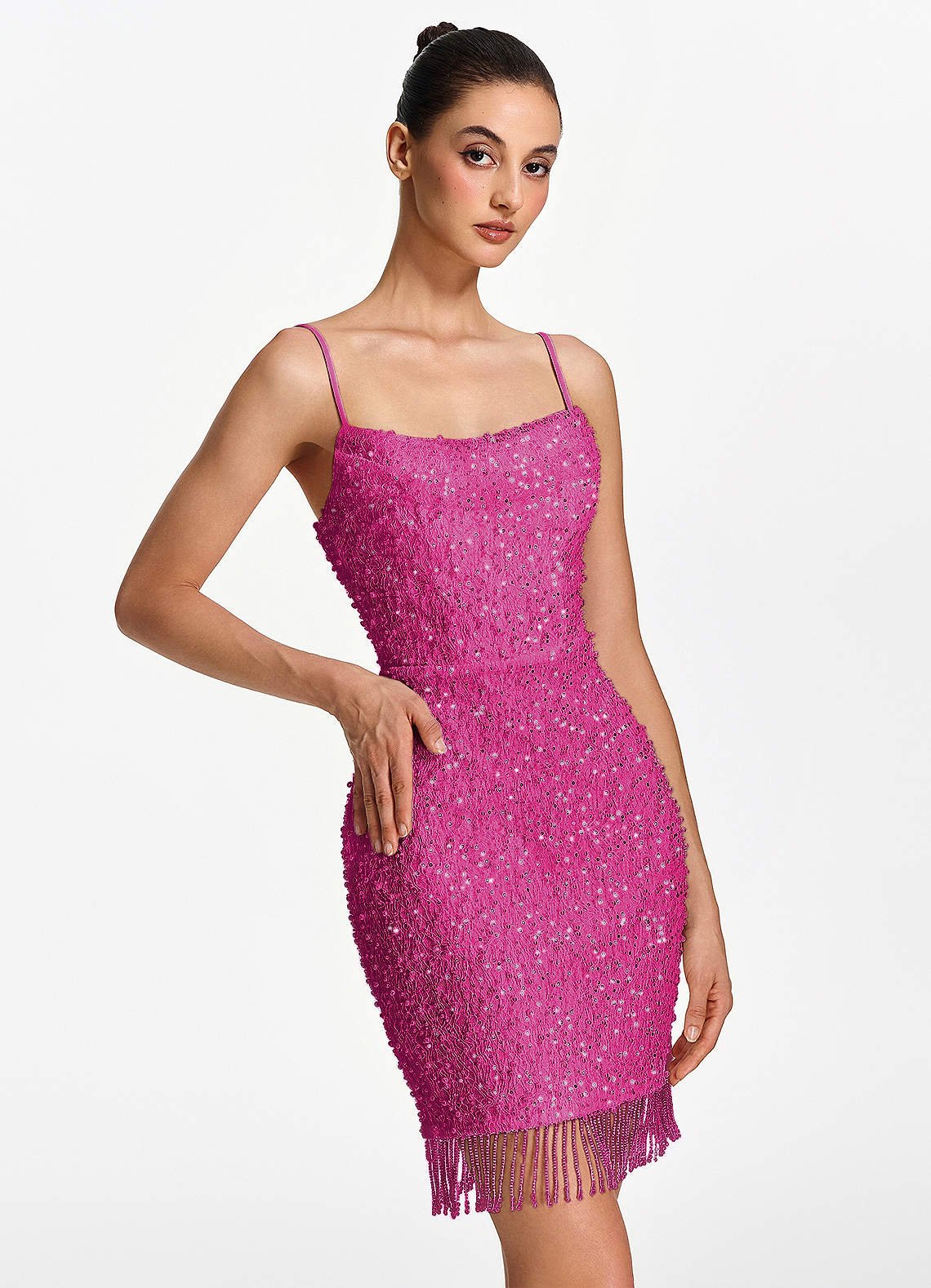 Liliana Bodycon Mini Beaded Fringe Stretch Mesh Prom Dress in Fuchsia
