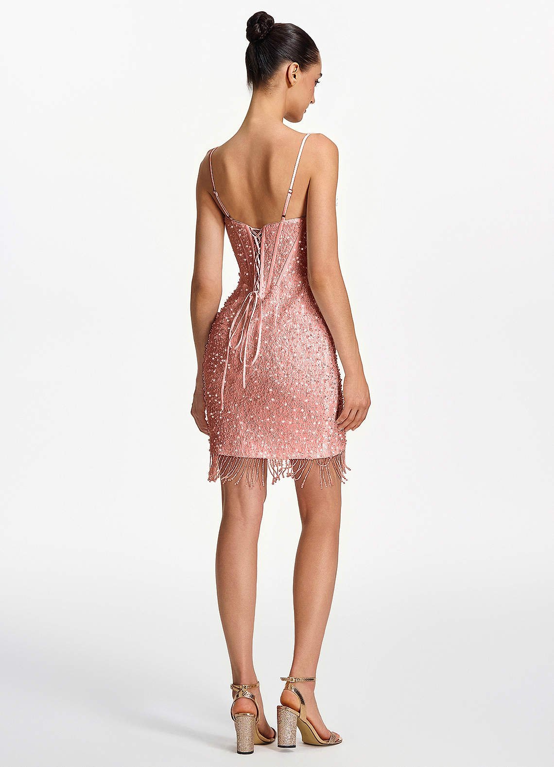 Liliana Bodycon Mini Beaded Fringe Stretch Mesh Prom Dress in Pink