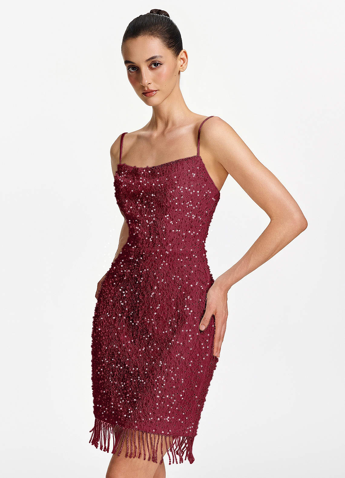 Liliana Bodycon Mini Beaded Fringe Stretch Mesh Prom Dress in Burgundy
