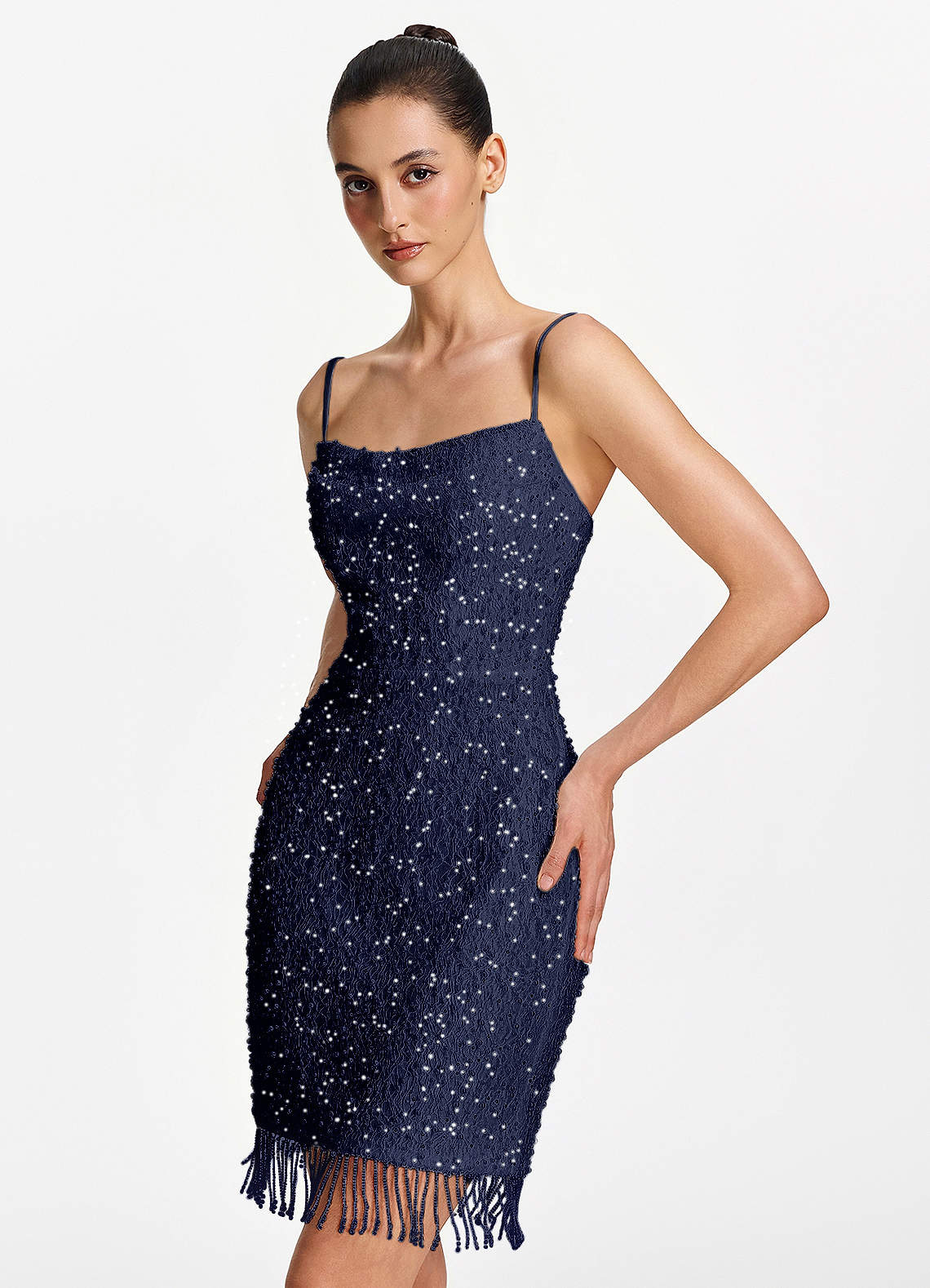 Liliana Bodycon Mini Beaded Fringe Stretch Mesh Prom Dress in Dark Navy