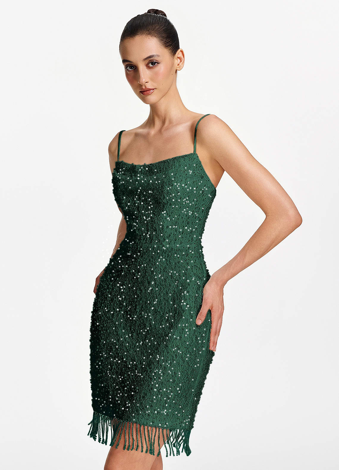 Liliana Bodycon Mini Beaded Fringe Stretch Mesh Prom Dress in Dark Green