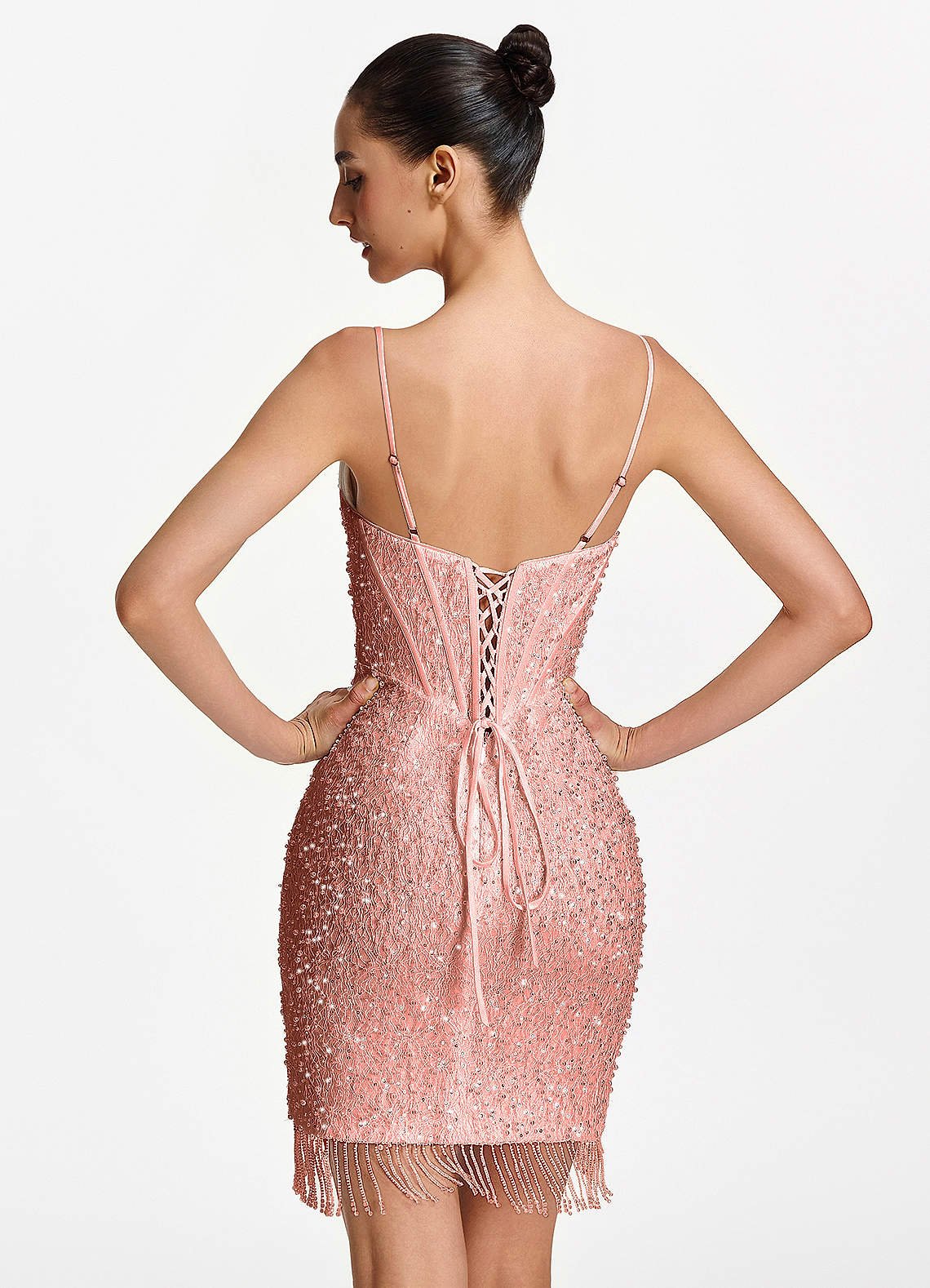 Liliana Bodycon Mini Beaded Fringe Stretch Mesh Prom Dress in Pink