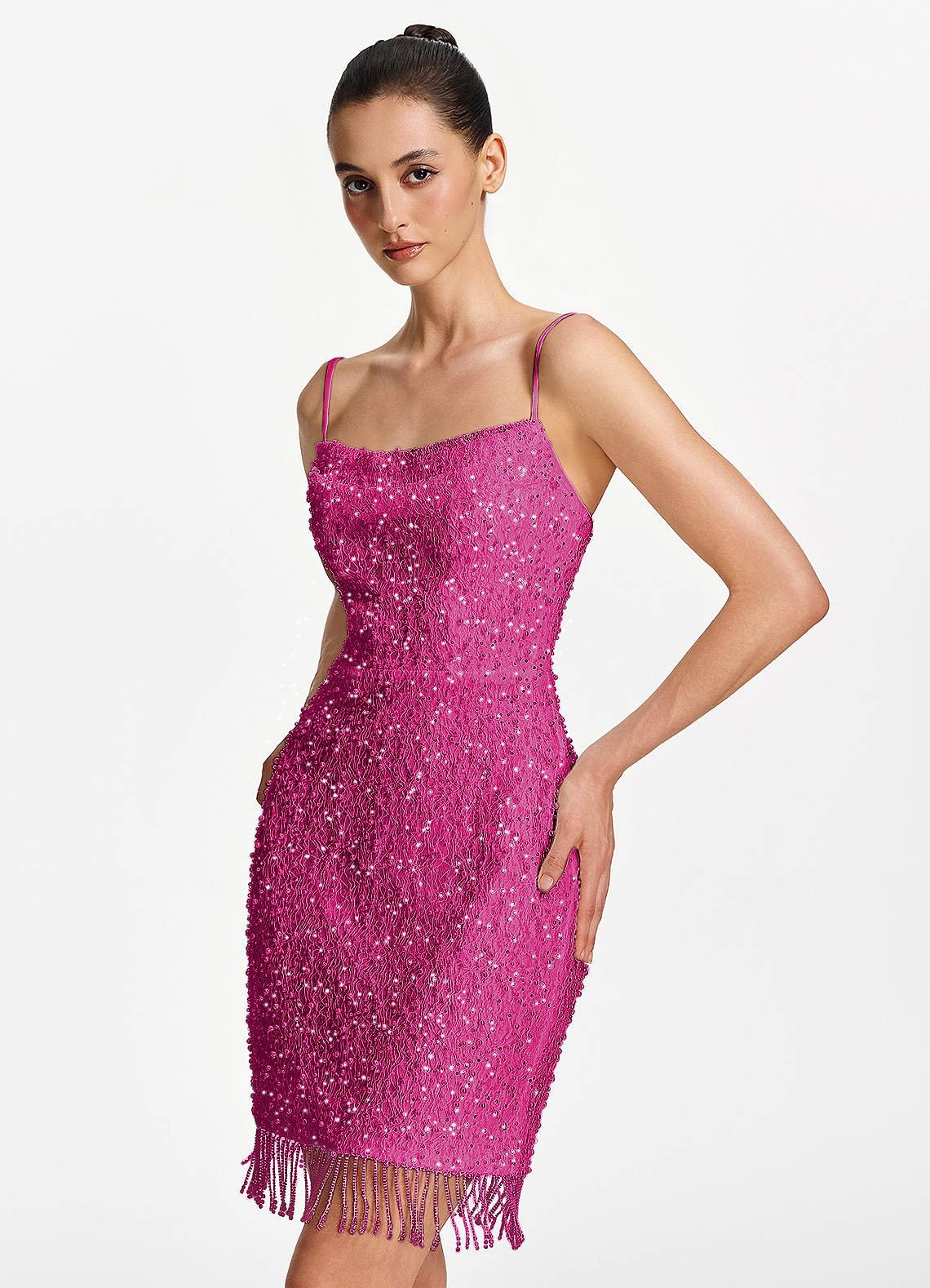 Liliana Bodycon Mini Beaded Fringe Stretch Mesh Prom Dress in Fuchsia