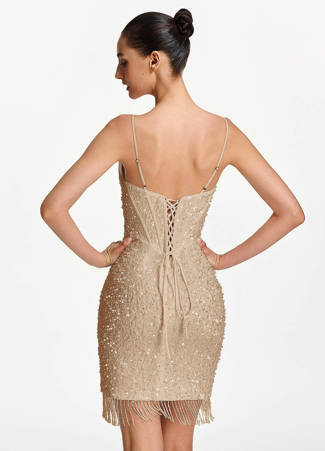 Liliana Bodycon Mini Beaded Fringe Stretch Mesh Prom Dress in Champagne