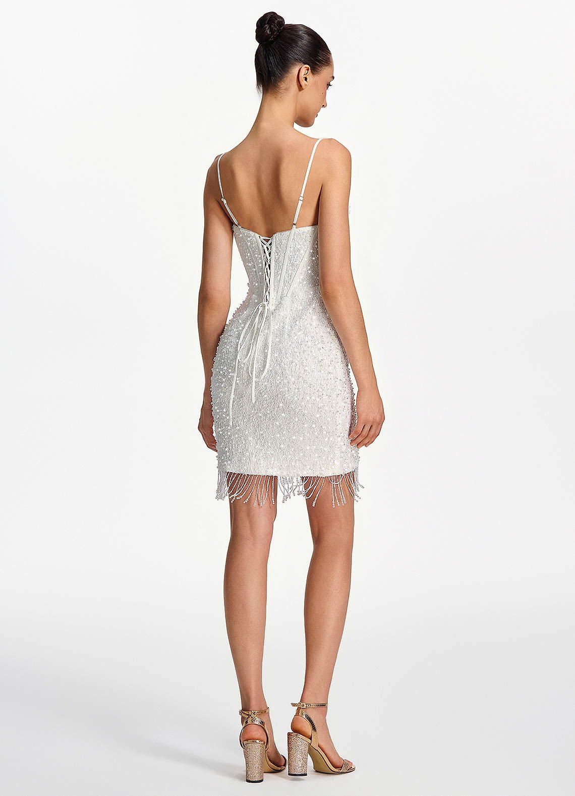 Liliana Bodycon Mini Beaded Fringe Stretch Mesh Prom Dress in white