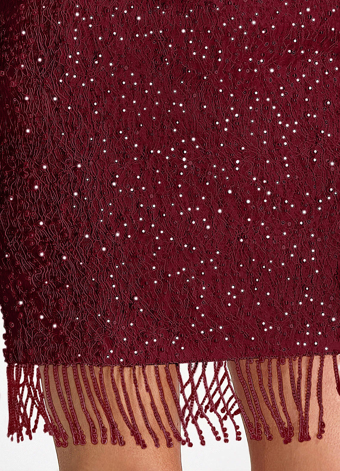 Liliana Bodycon Mini Beaded Fringe Stretch Mesh Prom Dress in Burgundy