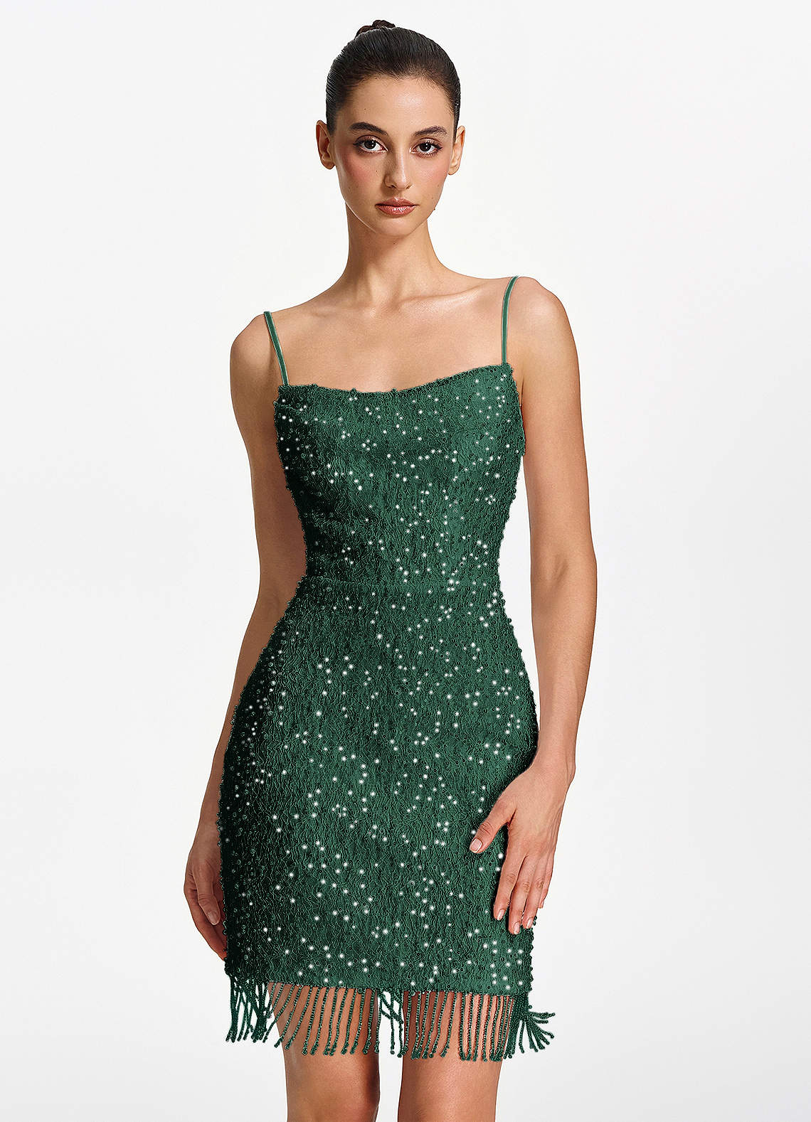 Liliana Bodycon Mini Beaded Fringe Stretch Mesh Prom Dress in Dark Green