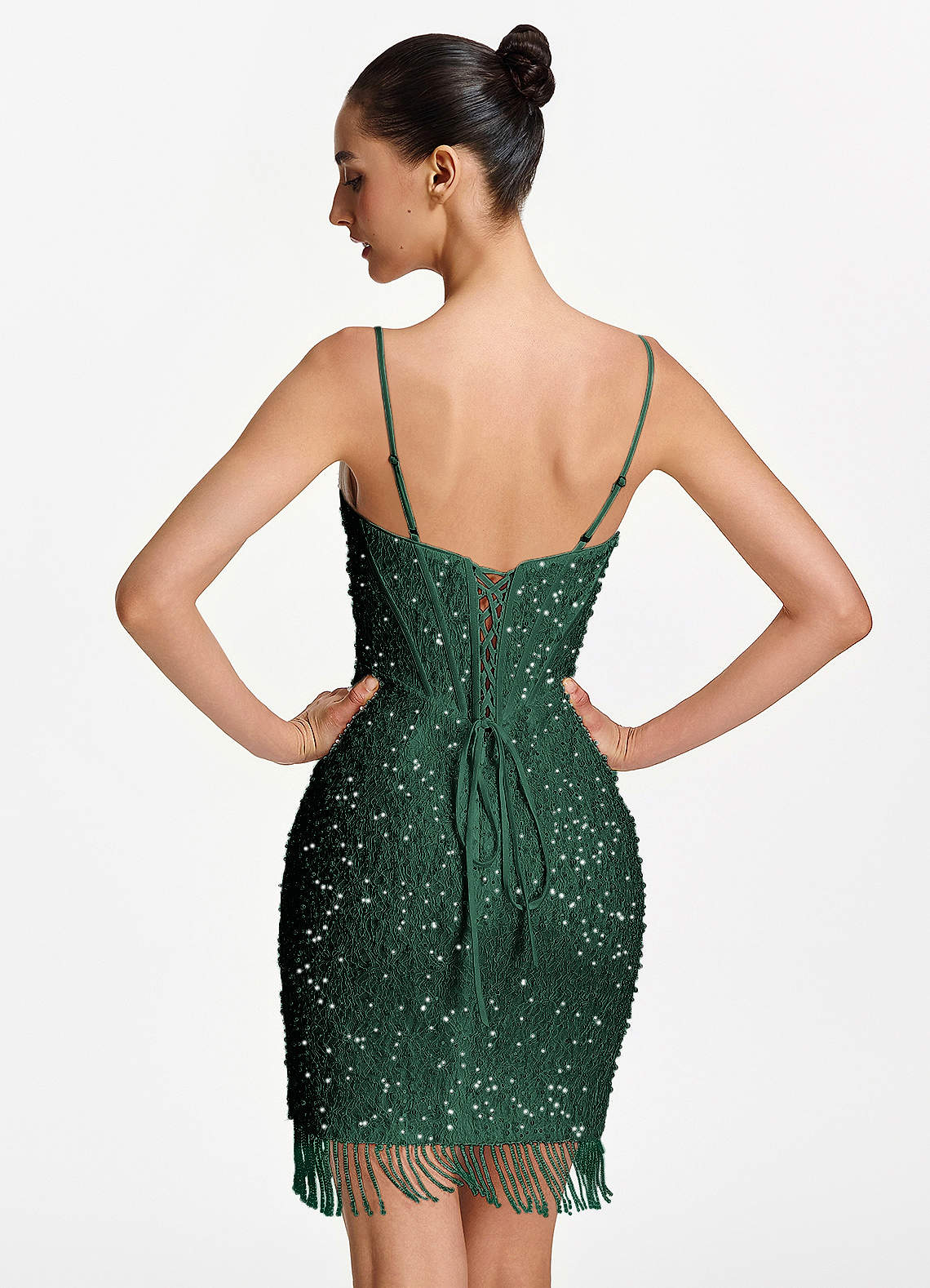 Liliana Bodycon Mini Beaded Fringe Stretch Mesh Prom Dress in Dark Green