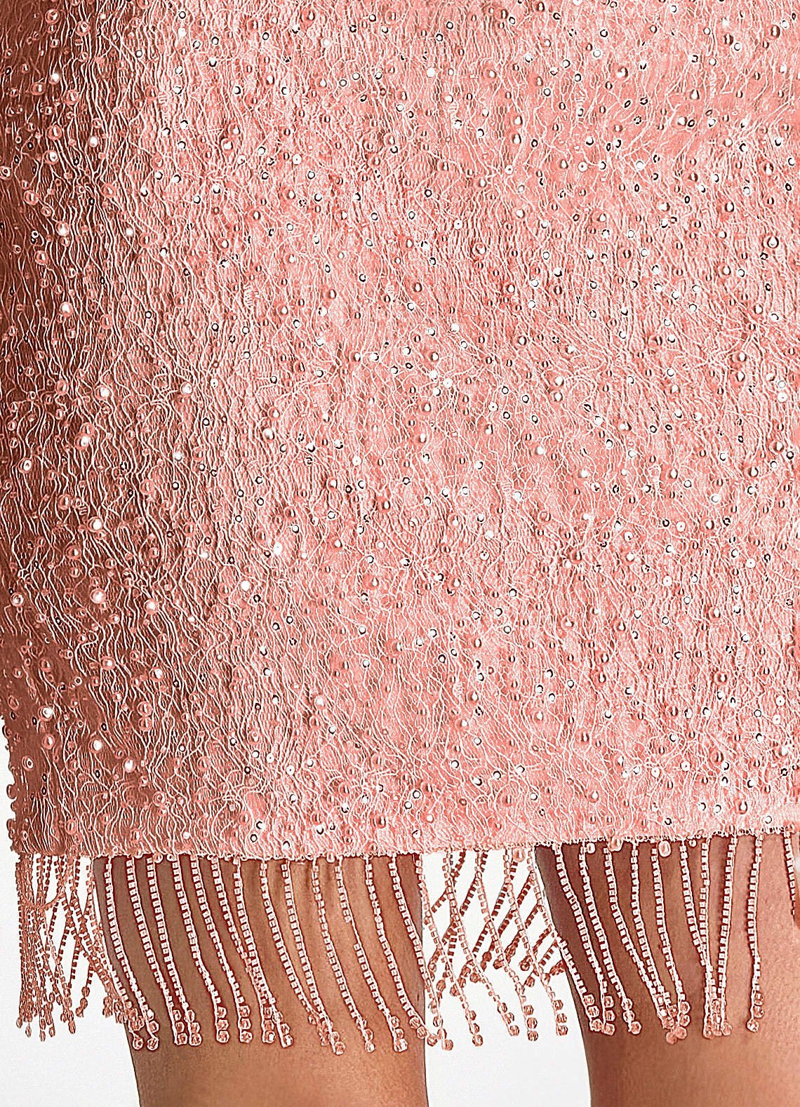 Liliana Bodycon Mini Beaded Fringe Stretch Mesh Prom Dress in Pink