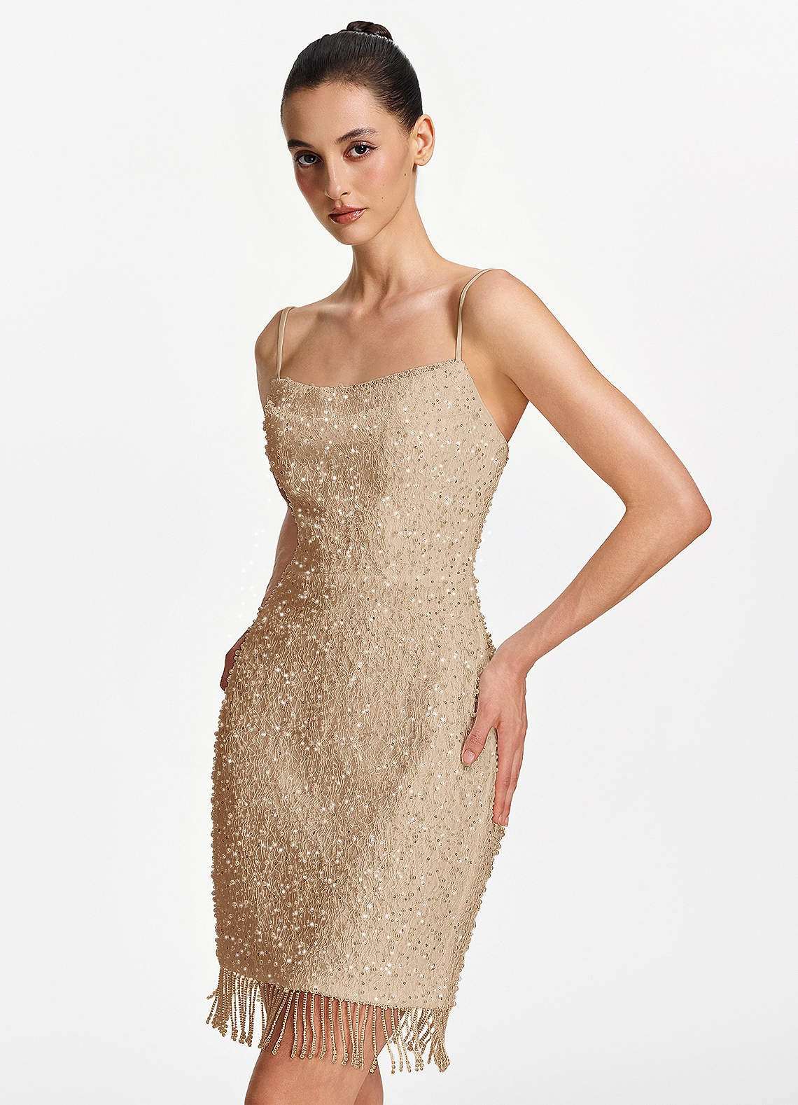 Liliana Bodycon Mini Beaded Fringe Stretch Mesh Prom Dress in Champagne