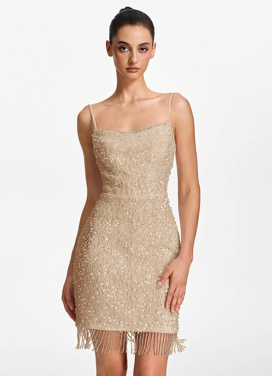 Liliana Bodycon Mini Beaded Fringe Stretch Mesh Prom Dress in Champagne
