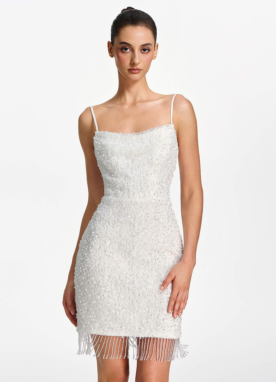 Liliana Bodycon Mini Beaded Fringe Stretch Mesh Prom Dress in white