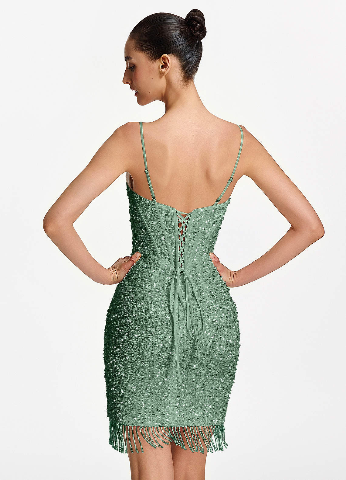 Liliana Bodycon Mini Beaded Fringe Stretch Mesh Prom Dress in Dusty Green