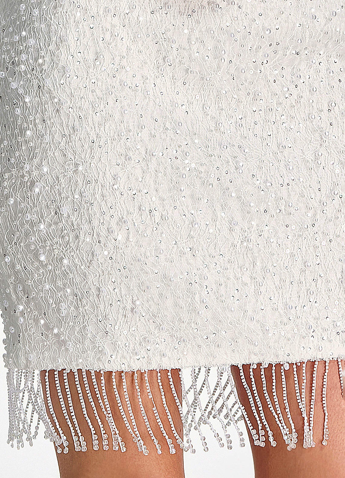 Liliana Bodycon Mini Beaded Fringe Stretch Mesh Prom Dress in white